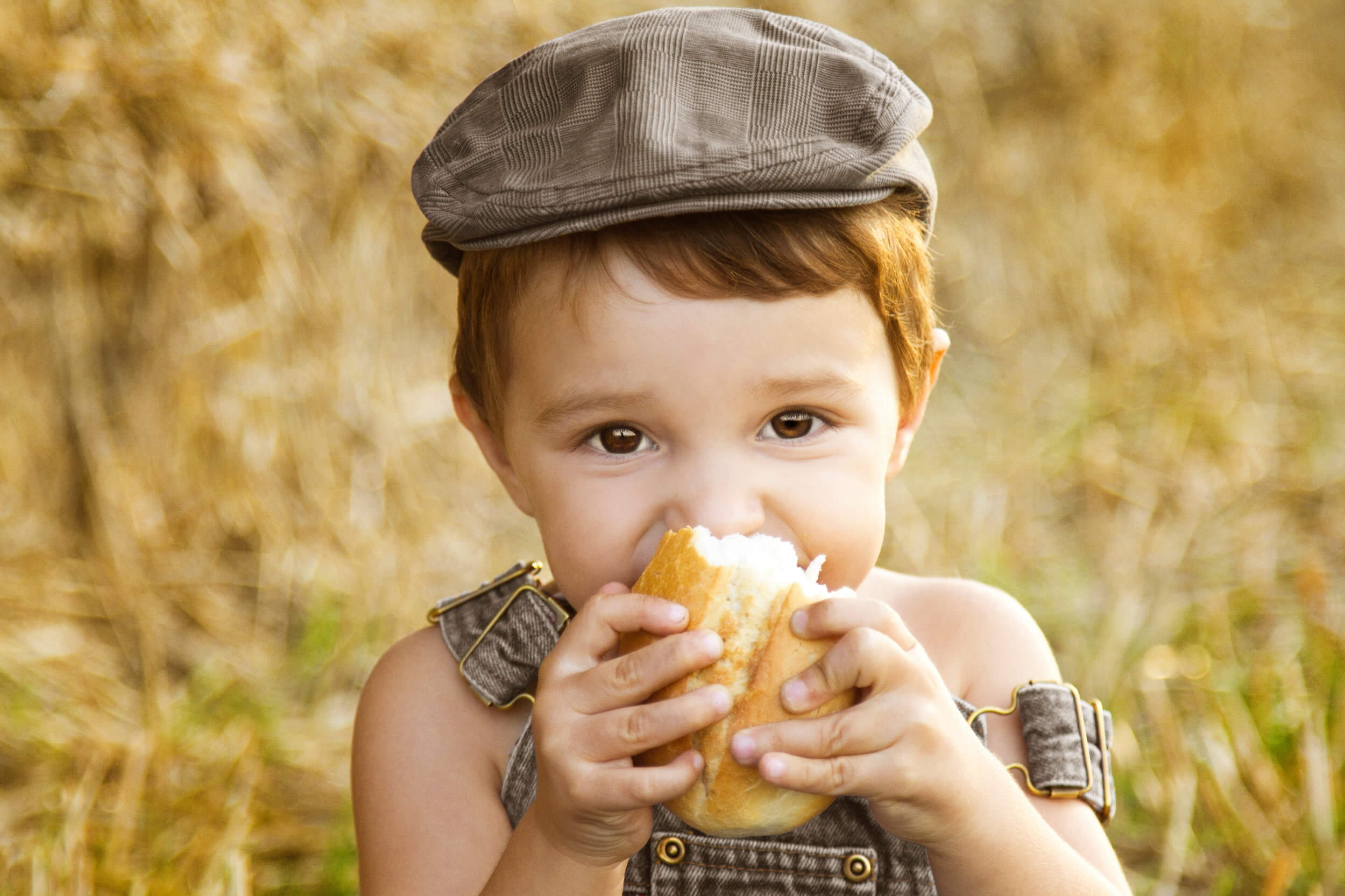 Kleiner Junge mit Brötchen in der Hand auf einem Kornfeld